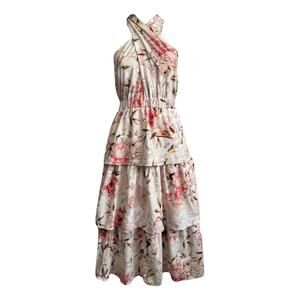 Express Floral Tiered Linen Midi Dress with Halter Neck Size Small